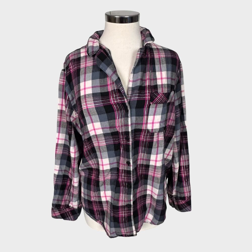 Victoria's Secret Medium Flannel Plaid Black White Pink Pajama Top Button Front